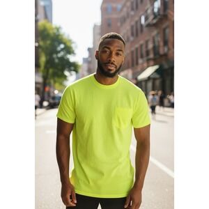 Walls Pocket T-Shirt Neon Yellow Short Sleeve Cotton Blend Mens‎ Medium